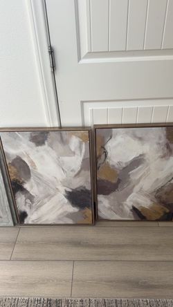 Set of 2 Framed Abstract Wall Art – Neutral Taupe, Cream & Gold