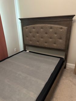 Queen Brown Wood Bed Frame with Cushioned Headboard