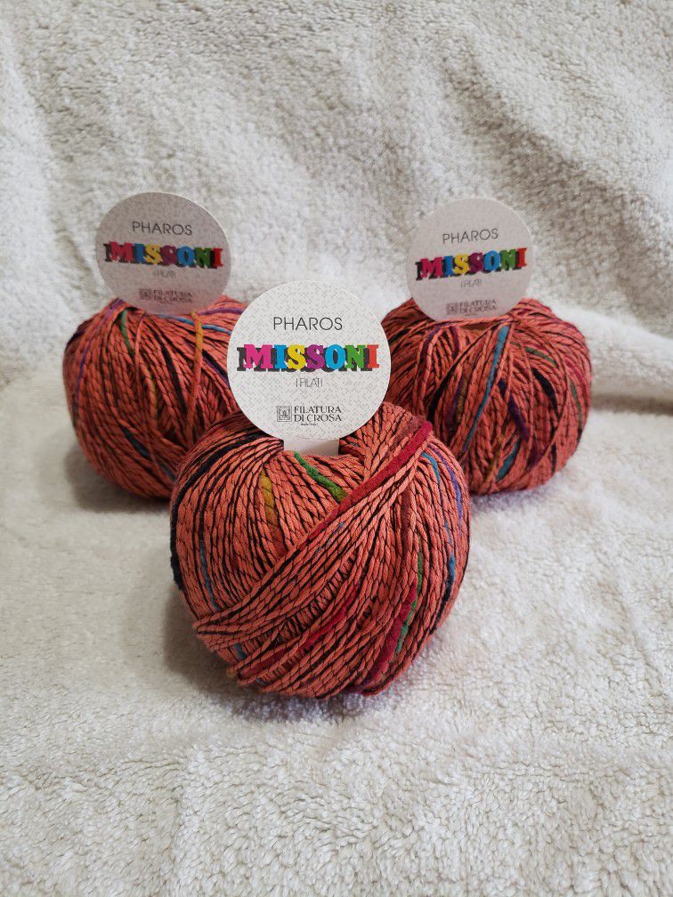 Pharos Missoni yarn  (3) Balls 1.75 oz ea .  71% cotton,  18% acrylic, 11% Polygamist.  Smoke free home. 