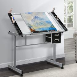 Drafting Table on Wheels with Storage & Side Tray - Adjustable 0-65° Glass Tabletop, Replaceable Feet Art Desk