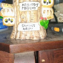 1970s Vintage Ceramic Owl Nobody's Perfect Bank 
