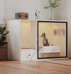 Cat Litter Box Enclosure Furniture Style, White Large Hidden Glass Door Kitty Cat Cabinet with Light and Storage Drawer, Fit Most of LitterBox (37.4''