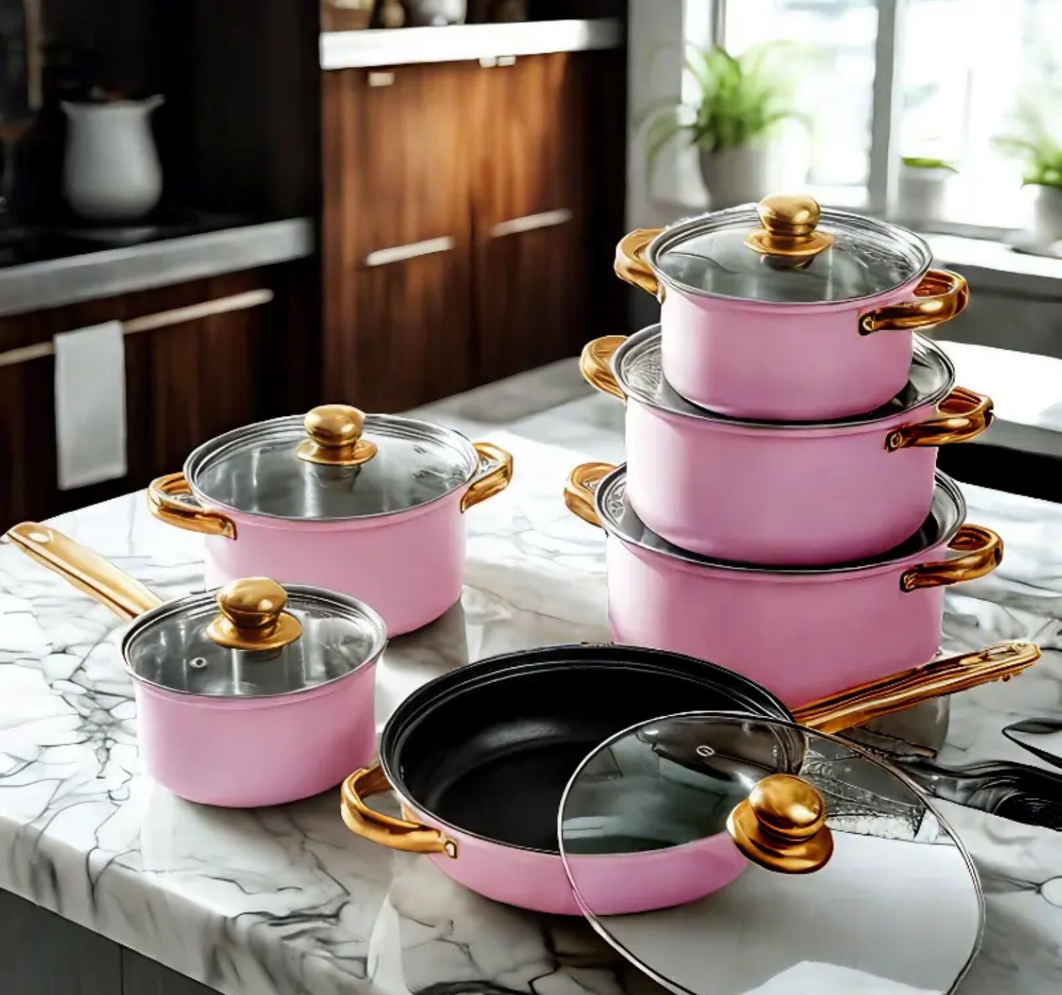 Pink 12pcs stainless steel cookware set, non-stick cookware set, Heat resistant, frying pan, Pan, saucepan, versatile, stylish, durable, suitable for