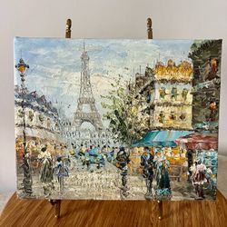 Impasto Oil Painting of Paris Street Scene and Eiffel Tower