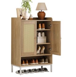 Rattan Door Shoe Cabinet with Open Shelves