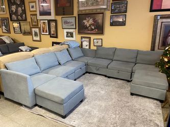 Steel Blue Modular Storage Sectional w/ 2 Storage Ottomans (AS IS)