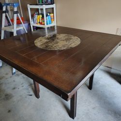Wood Table With Granite Lazy Suzy And Four Chairs 