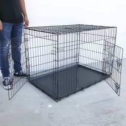 New $55 Folding 42” Dog Cage 2-Door Pet Crate Kennel w/ Tray 42”x27”x30” 
