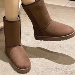 Women’s Classic Brown Winter Boots – Warm Fleece Lined Non-Slip Suede Snow Boots 