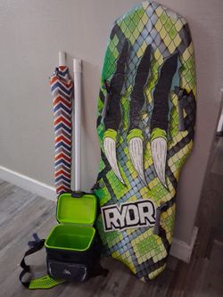 Beach umbrella, cooler & water board