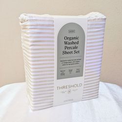 New Threshold Organic Cotton Washed Percale Sheets Set Khaki White Stripes Queen