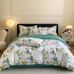 New Floral Cotton Duvet Cover Queen Leaves Flower Garden, Bedding Set 3 Pcs Comforter Cover 2 Pillowcases Zipper Closure Soft Breathable Comfy