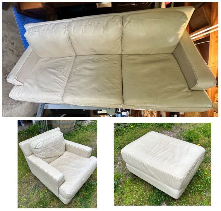 Leather Couch, Love Seat, Footrest Set - Ivory, Good Condition 
