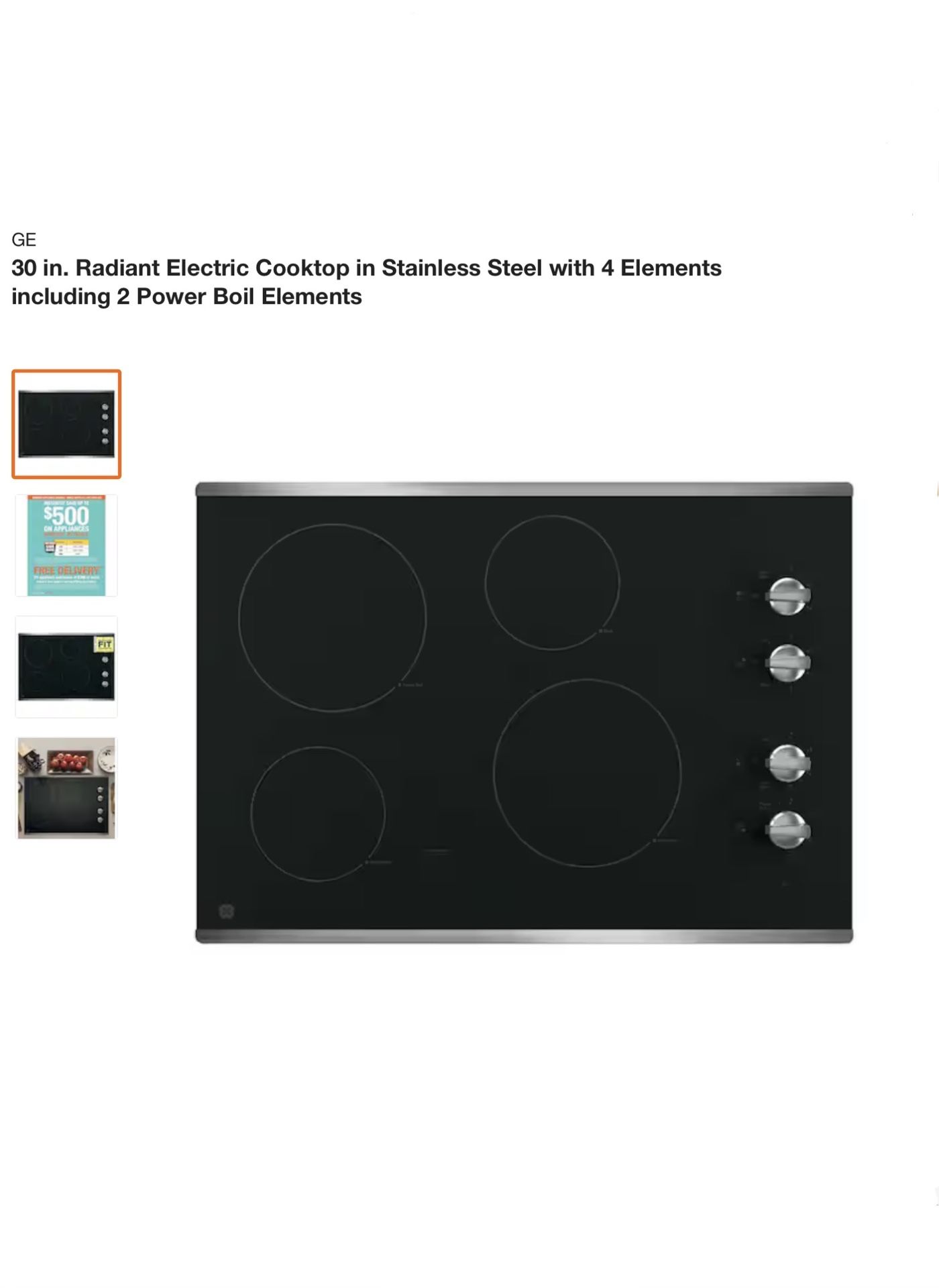 GENERAL ELECTRIC 30” RADIENT ELECTRIC COOKTOP IN BLACK W/...