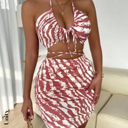 New V Day Pink White Bodycone 2pc Top Skirt Set Size Medium 6