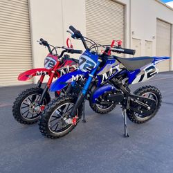 Gas Powered 49cc Dirt Bike, 20 MPH Max, Dual Suspension, Front/Rear Disc Brakes, Simple Pull Start , mix weight 135lb (each)
