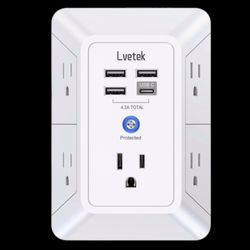 Multi Plug Outlet Surge Protector Wall Charger with 5 Outlets 4 USB Ports , USB-C  & USB-A Port - for Cellphones, iPhones , Laptop, Electronic Devices