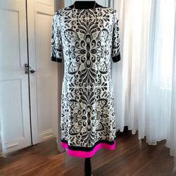 Eliza J Black & White Damask Pattern Dress with Pink Trim, Size 8 Short Sleeve S