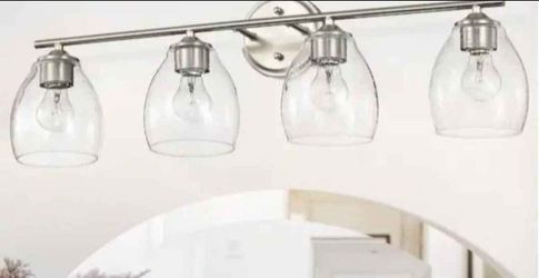 Brushed Nickel Vanity Light Bar Bell Shaped Seeded Clear Glass 30 in, 4 Lights, Dimmable