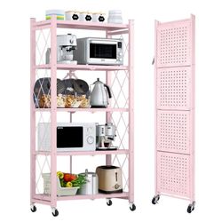COOKCOK 5-Tier Storage Shelving Unit, Metal Shelf 27.9"x13.4"x62.5, Foldable Storage Shelf with Wheels, Garage Shelf, Kitchen Shelf with 4 Hooks, No A