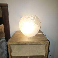 Set Of 2 - IKEA Knubbig table lamp in white frosted glass with a cherry blossom motif, designed by Michiko Nakata. 