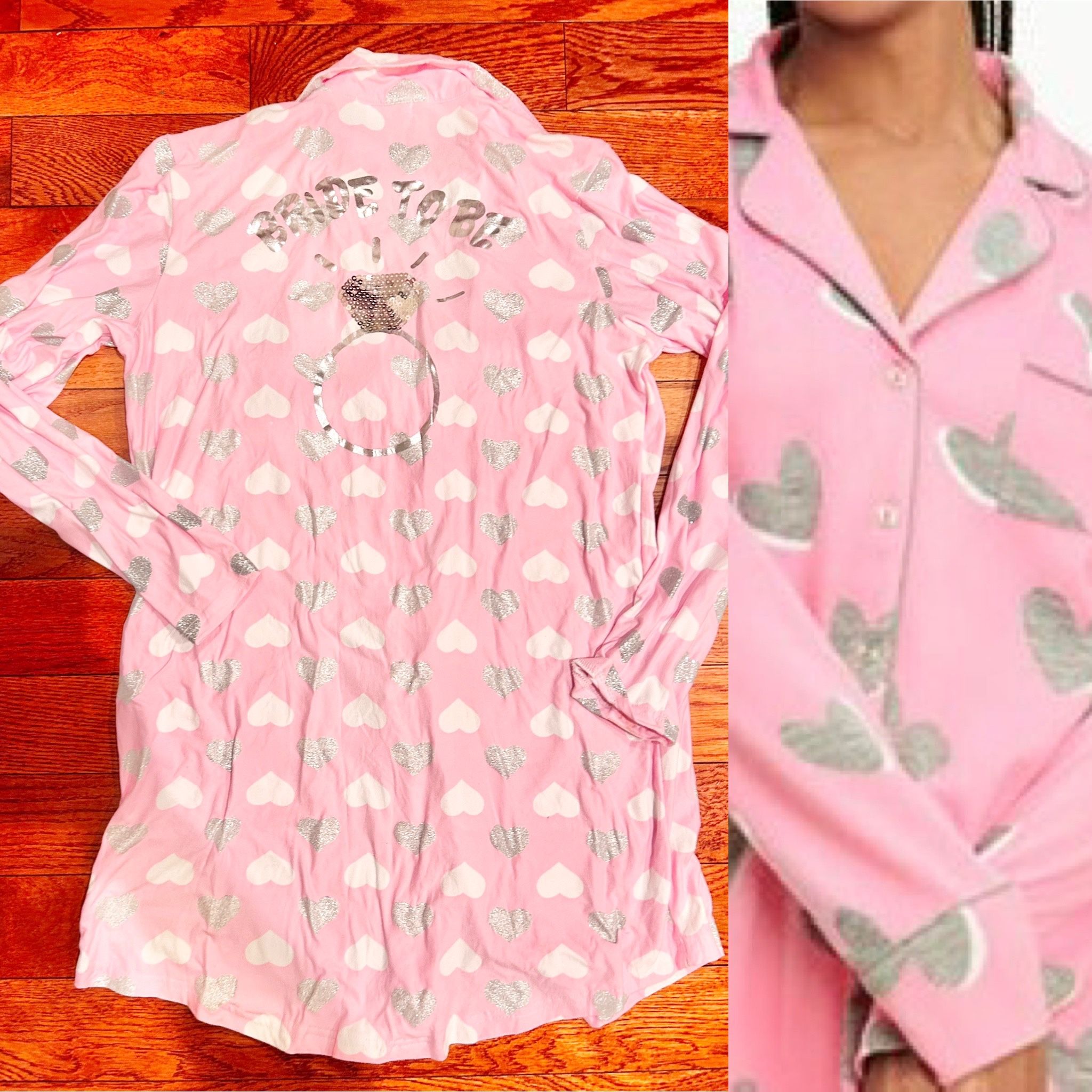 Elegant Emily pink all-over white&silver-toned hearts Bride To Be" sleep shirt L