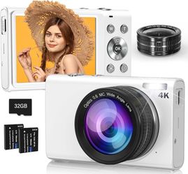 Brand new in box Digital Camera, 4K Digital Camera with Wide Angle Lens, 64MP Autofocus 16X Digital Zoom YouTube Compact Point Shoot Vlogging Camera f