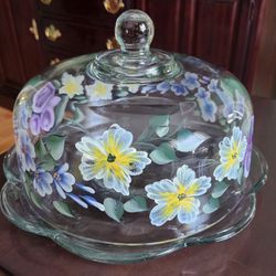 Hand Painted  Cake Plate With  Glass Dome Lid