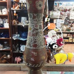 Vintage Brass Hand Painted Floral Vase- Located In Shelton 
