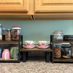 Set of 3 shelves: two 2-tier wood & metal racks + one matching center riser.
