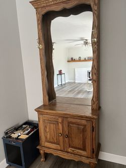 Vintage oak hall tree with mirror and cabinet