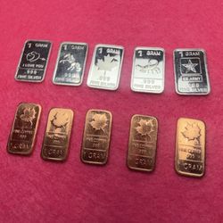 10 Small Vintage  Bullion Bars 1 Gram - 5 Pure Silver & 5 Pure Copper