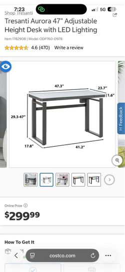 Tresanti Aurora 47" Adjustable Height Desk with LED Lighting