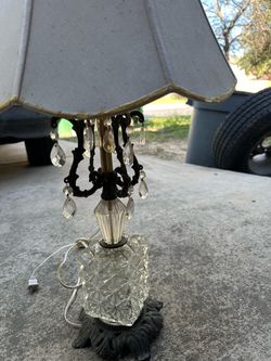 Hollywood regency vintage huge rococo table lamps w/ teardrop prisms, glass & ornate metal