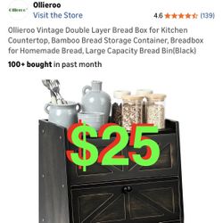 Vintage Double Layer Bread Box for Kitchen Countertop, Bamboo Bread Storage Container, Breadbox for Homemade Bread, Large Capacity Bread Bin(Black)