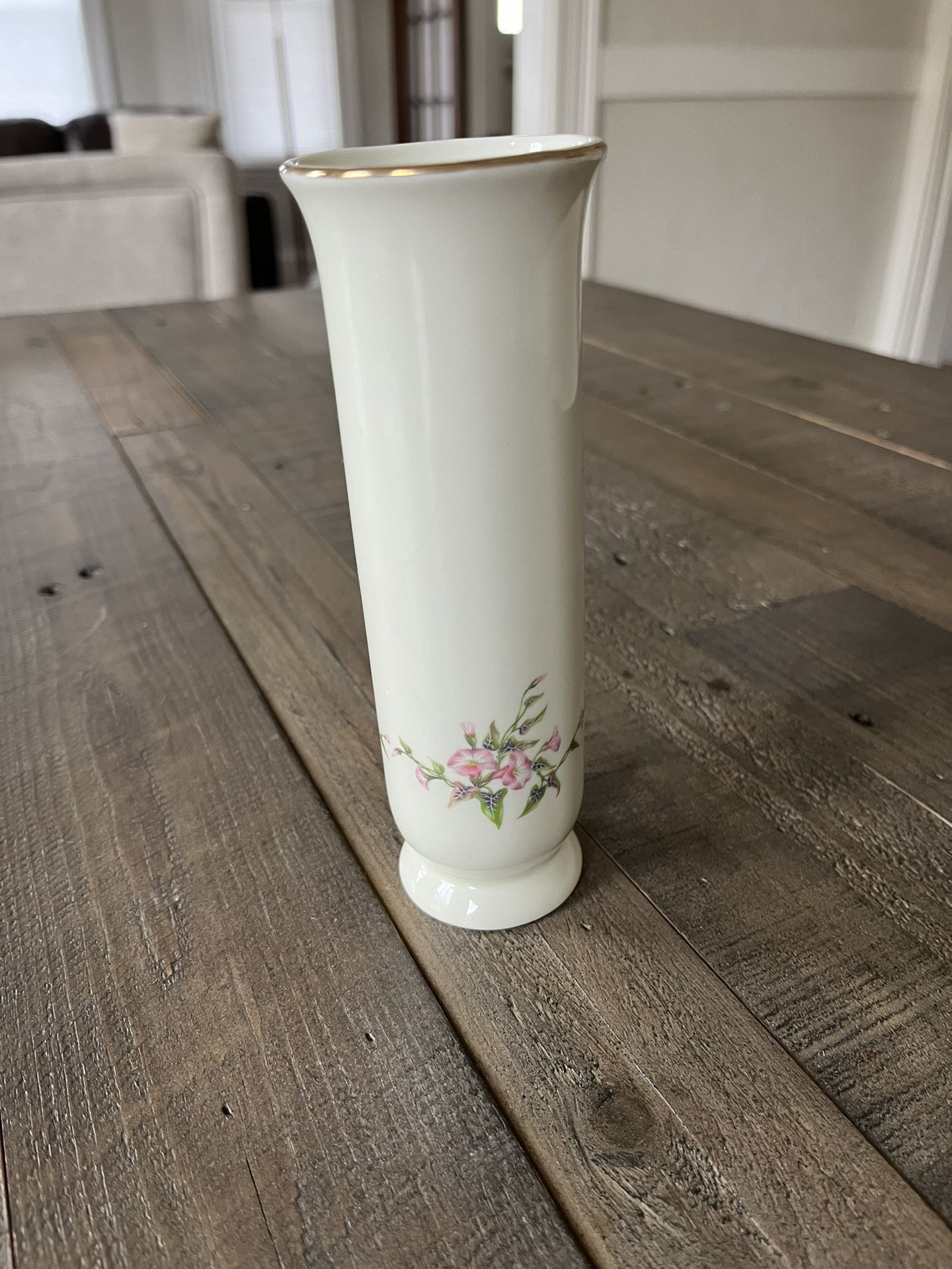 Vintage Russ Berrie Porcelain Bud Vase Pink Morning Glory Gold Trim