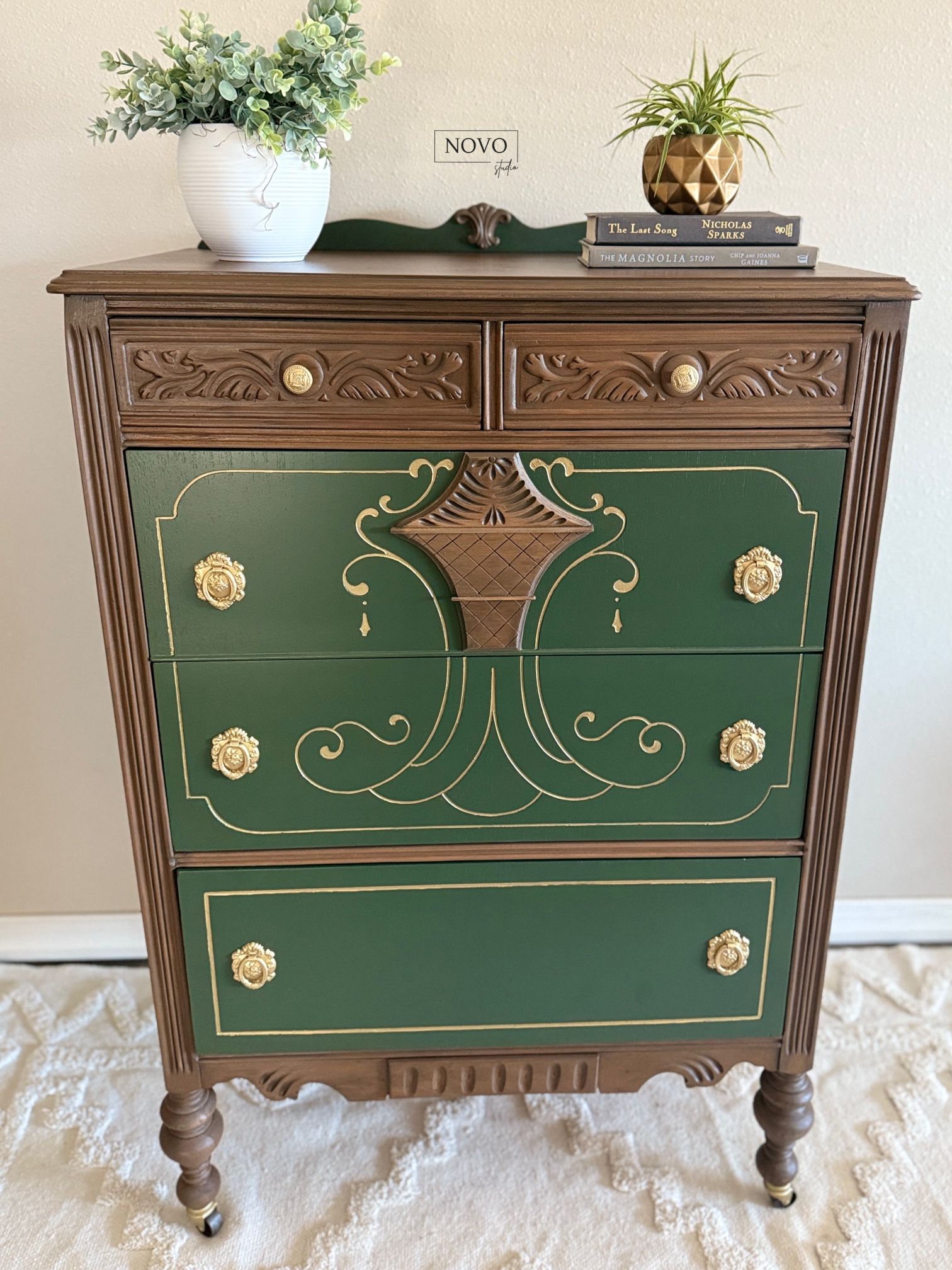 Olive Green 5 Drawer Antique Dresser