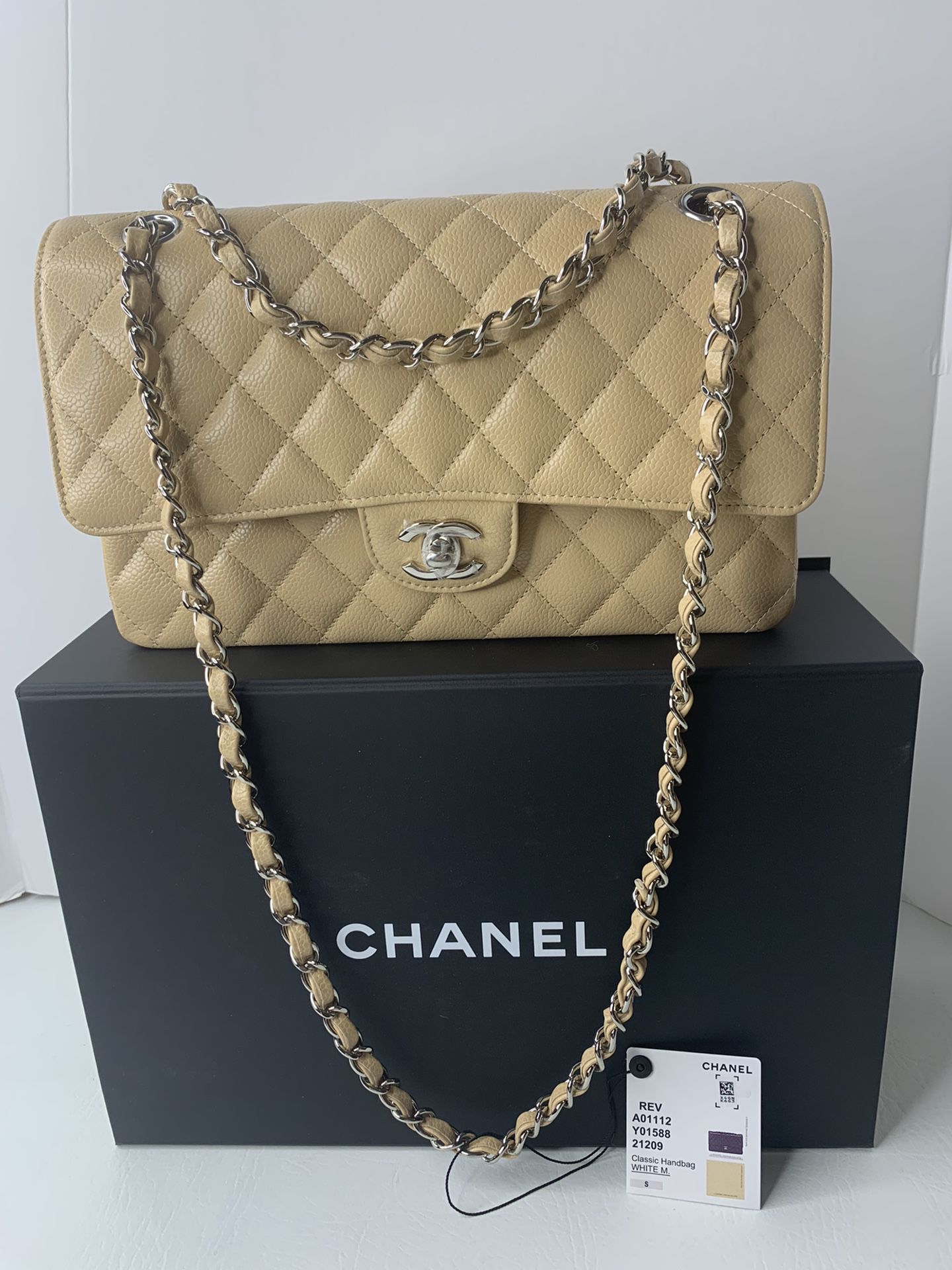 100% Authentic CHANEL medium Classic Caviar Flap Bag - Beige with SHW - NEW 