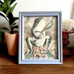 Frog Playing the Banjo in Moonlight Vintage Style Canvas Print Silver Frame Art