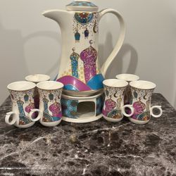 Moroccan Tea Set From Morocco 6 Tea Cups/tea Warmer/kettle Glass 