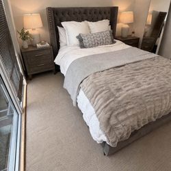 Z Gallerie Upholstered Wingback Bed + Mattress + Serena & Lily / Pottery Barn Bedding (Queen)