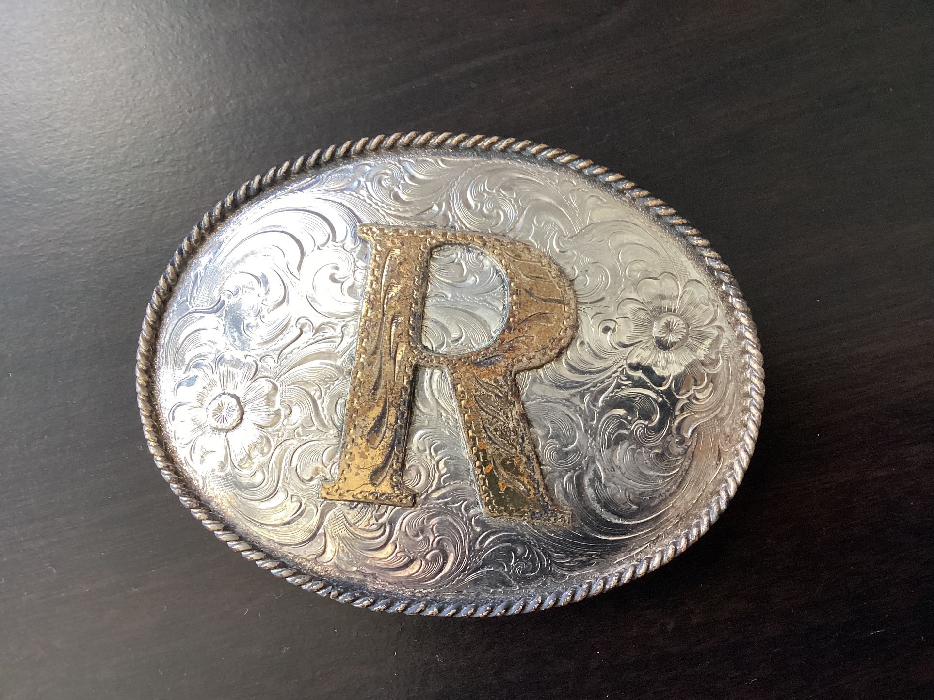 Vintage Initial “R” Belt Buckle Award Design Medals Noble Oklahoma Western Style Silver Plated Hand Engraved USA