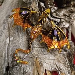 Jeweled Enamelled Dragon Pin/Pendant Black&Gold, Orange
