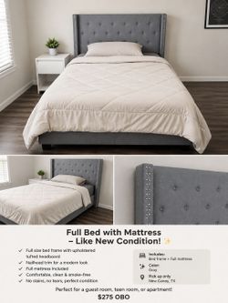 ✨ Full Bed Frame + Mattress Included – $275 OBO ✨