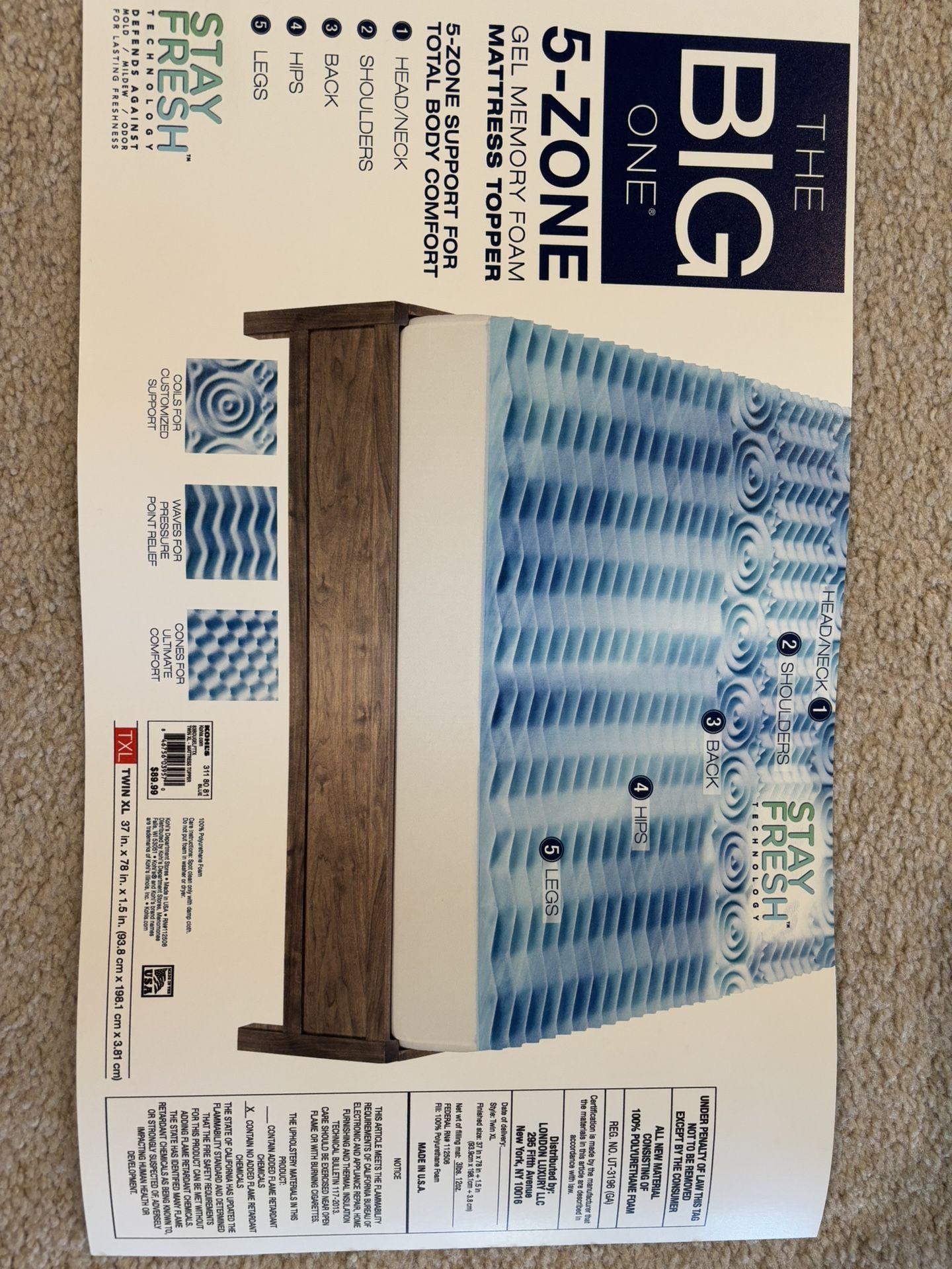 New The Big One 5 - Zone Gel Memory Foam Mattress Topper Twin XL