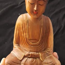 Antique Suar Wood 9.8"Tall Buddha Meditation, Red Painted Lips• Hand Made Rare• 
