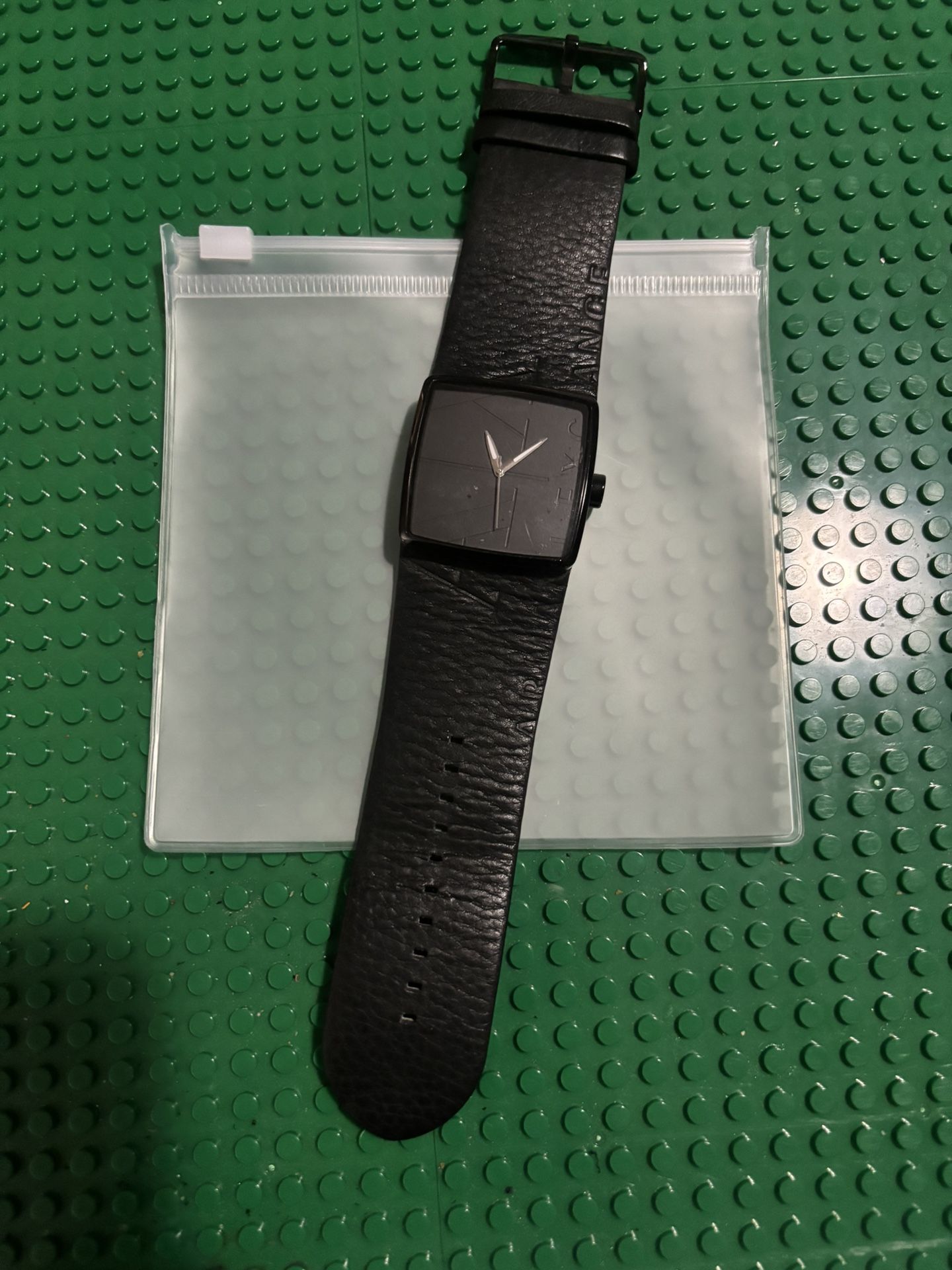 Ax Armani Exchange Black Square Stainless Steel & Leather Logo Watch