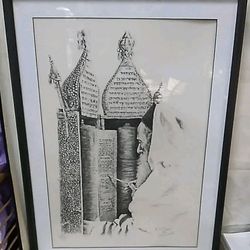 Framed Portrait Lithograph Rabbi Writing Torah Art Jewish Hand Signed & Numbered
