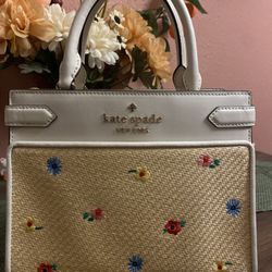 Kate Spade Staci Garden Bouquet Straw Small Satchel Floral Wicker Purse
