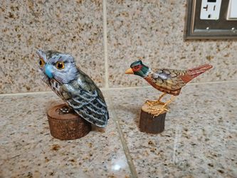 Vtg Handmade Carved Ring Neck Pheasants & Whittled Painted Wooden Owl